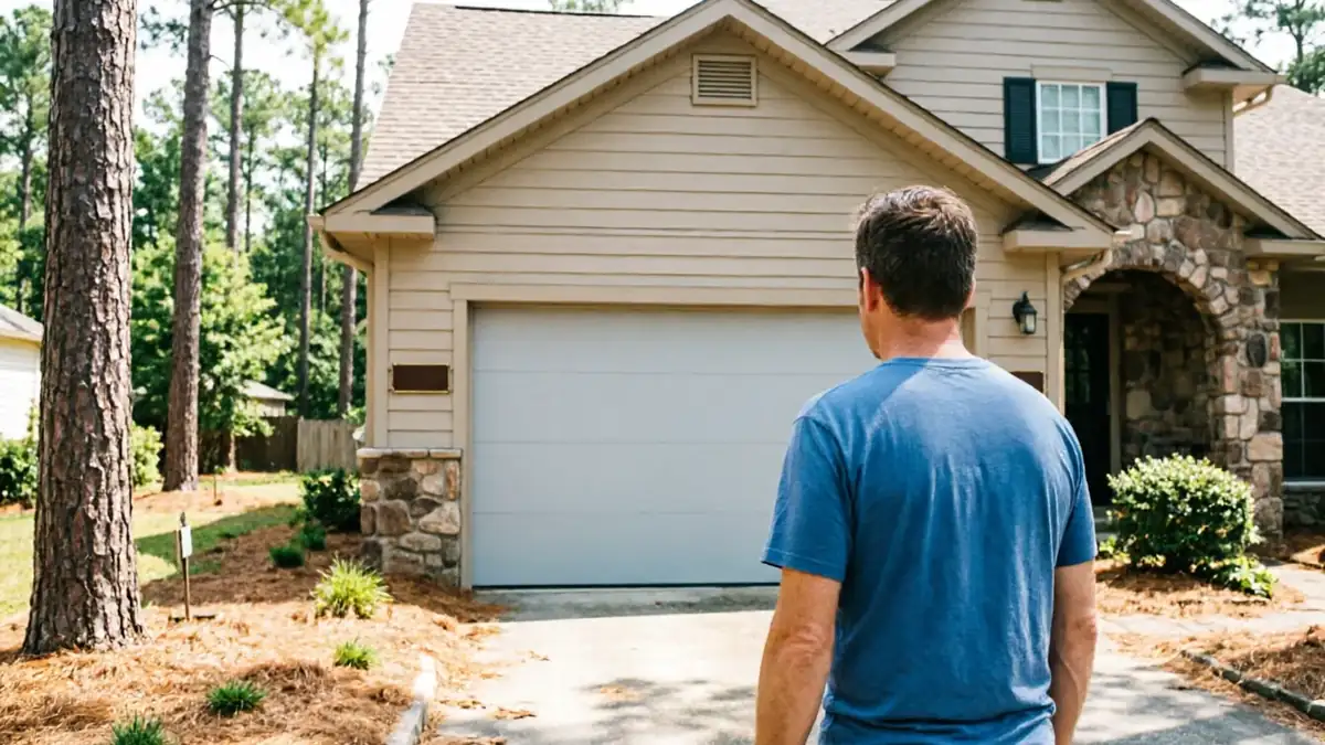 A man in a blue shirt stands in a driveway facing a house with a closed garage door.