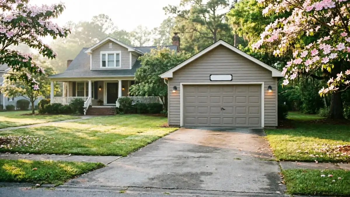The house has a gray garage door with panels and two lights on the garage.