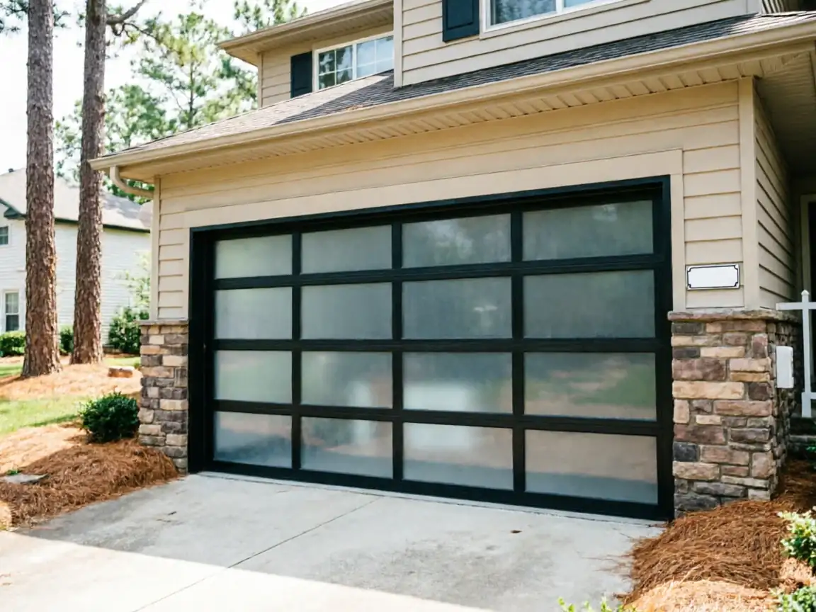 The garage door has frosted glass panels and a black frame on a tan house.
