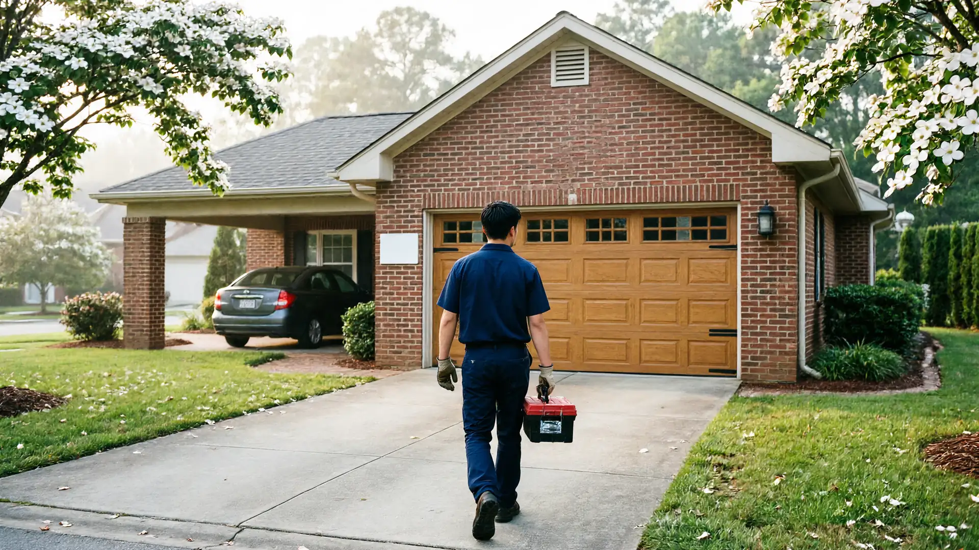 A technician walks toward a house with a brown garage door, carrying a red toolbox.