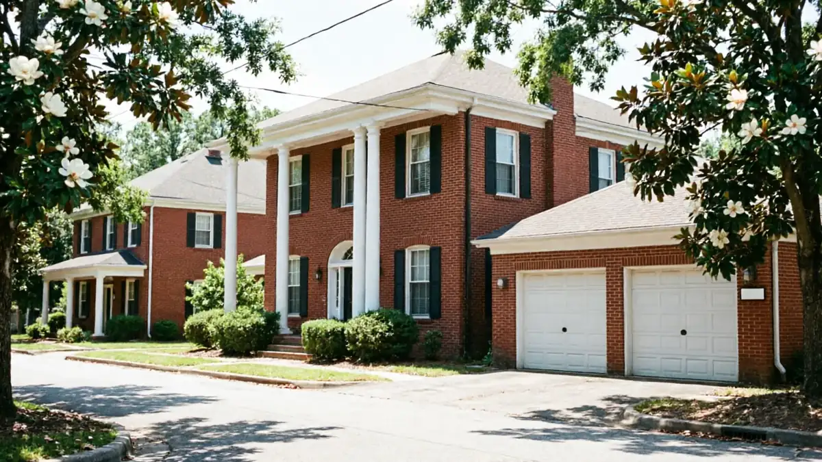 A large brick house with white garage doors and columns is visible through trees.