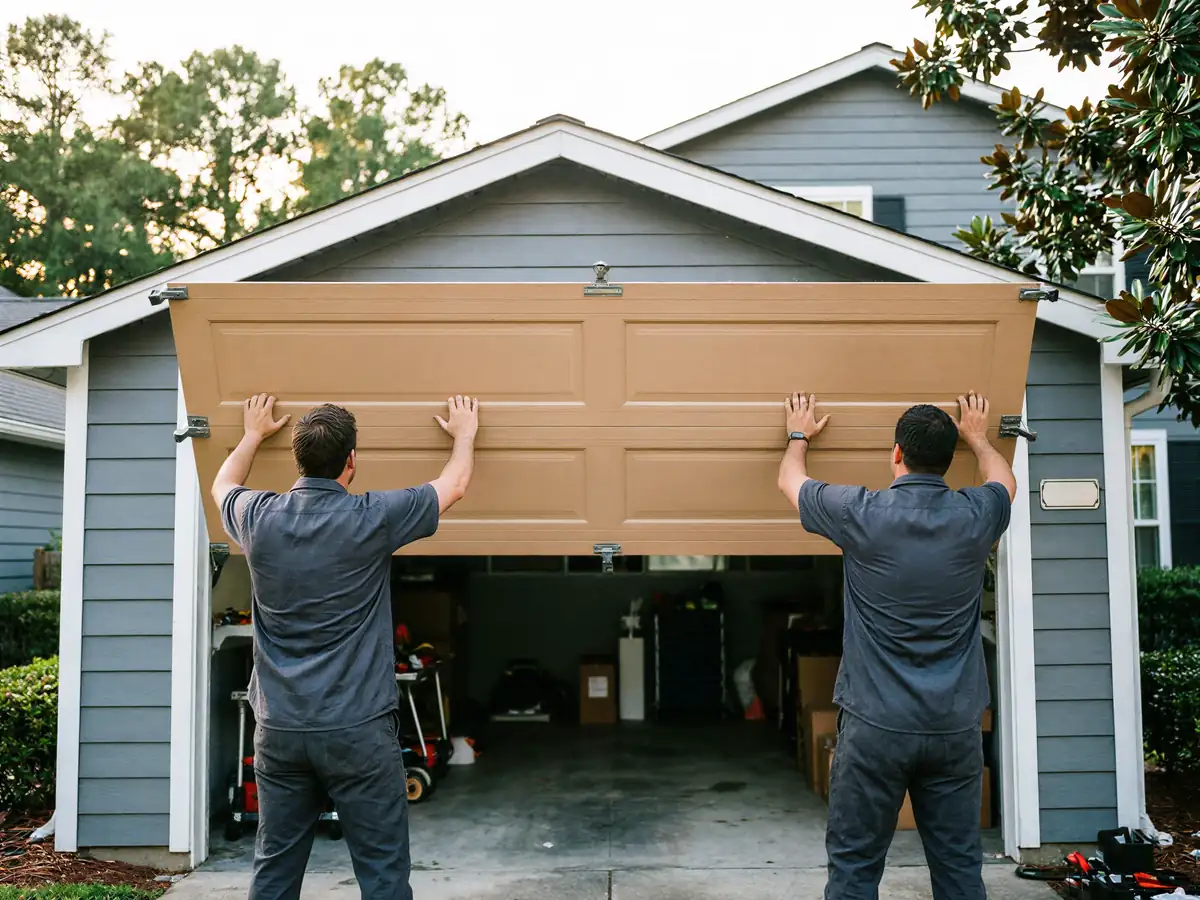 Two technicians install a tan garage door on a gray house.