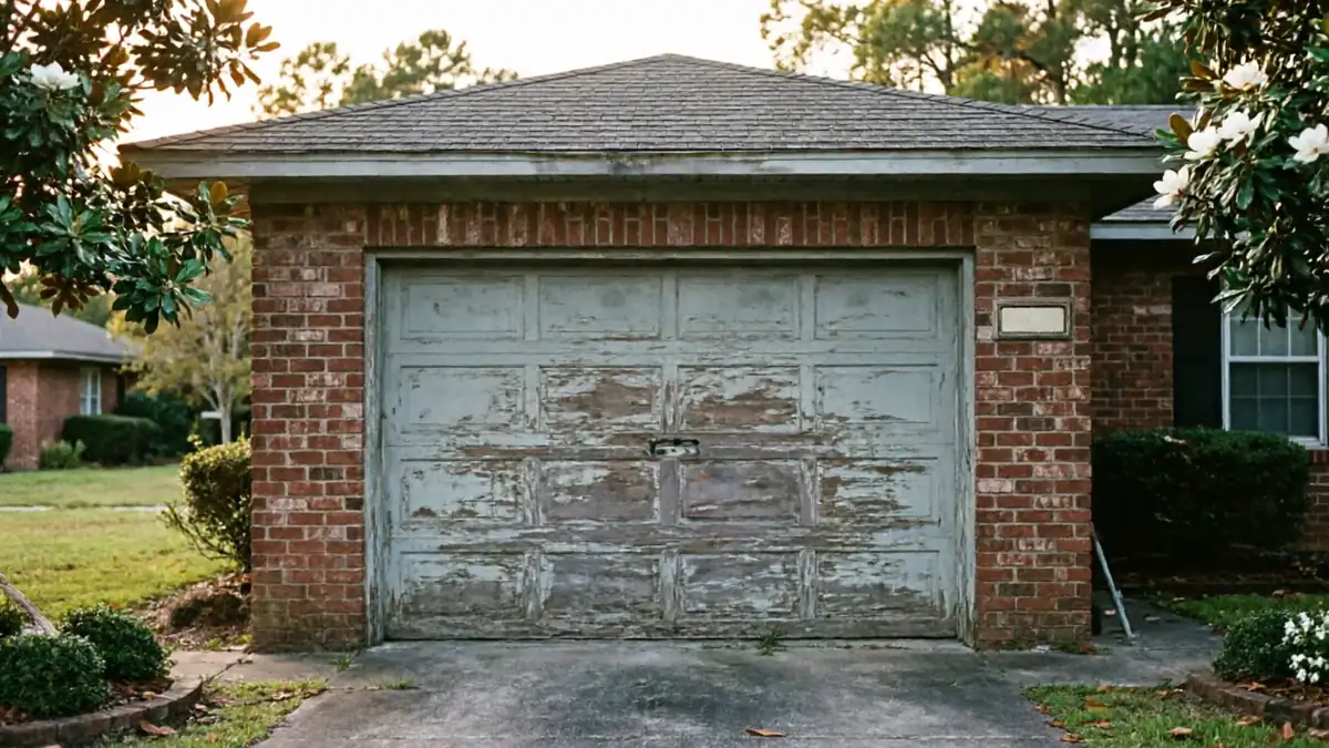 The garage door on a brick house has peeling paint and a visible handle.