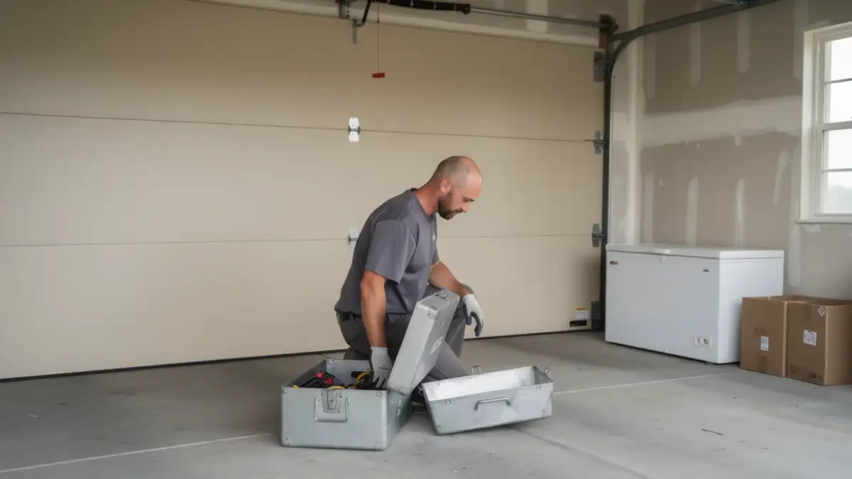 A technician kneels in a garage, looking into an open toolbox on the floor.