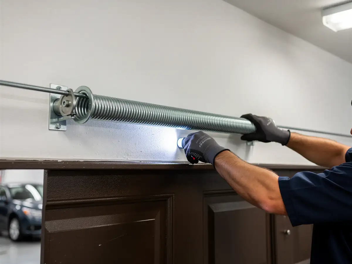 A technician with gloves inspects a garage door torsion spring with a flashlight.