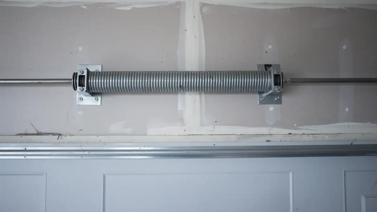 A torsion spring is mounted above a white garage door on a drywall wall.